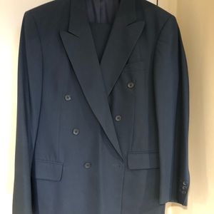 Blue men suits, jacket and pants 46, great quality,a little spot on the jacket